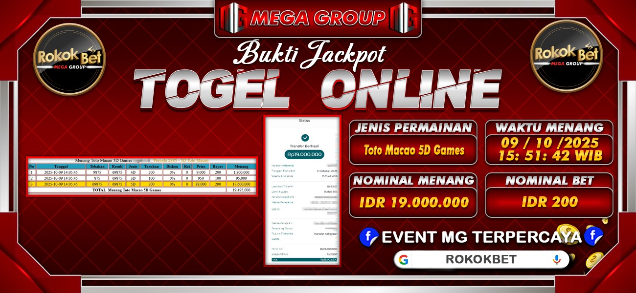 Bukti JP situs Rokokbet hari Kamis, 09 Oktober 2025