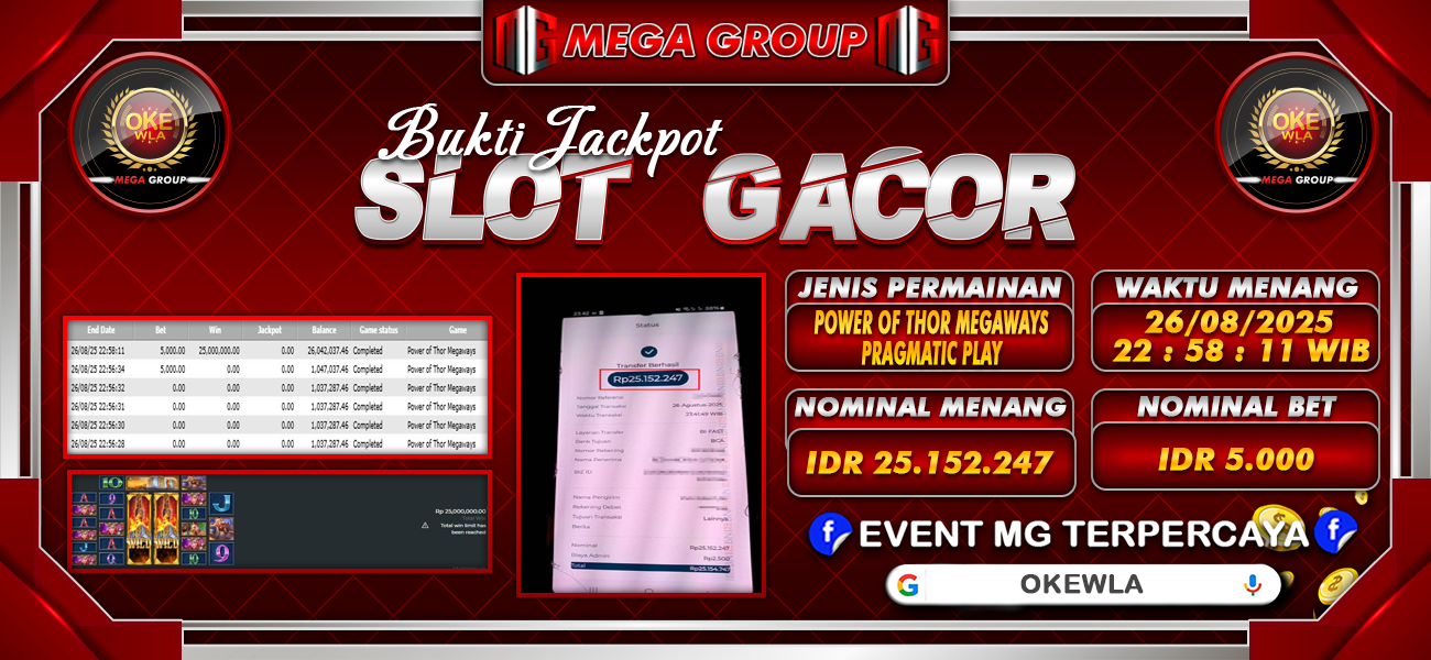 Bukti JP situs Okewla hari Rabu, 27 Agustus 2025